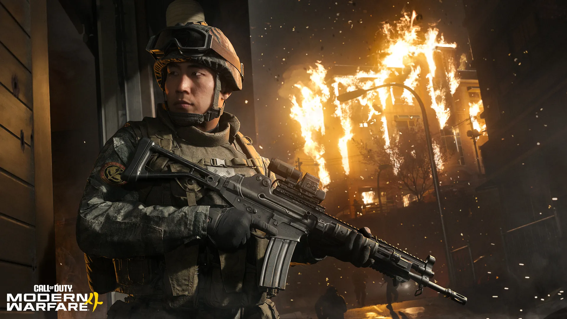 Captura oficial de Call of Duty Modern Warfare 4 con soldado y escenario urbano en llamas
