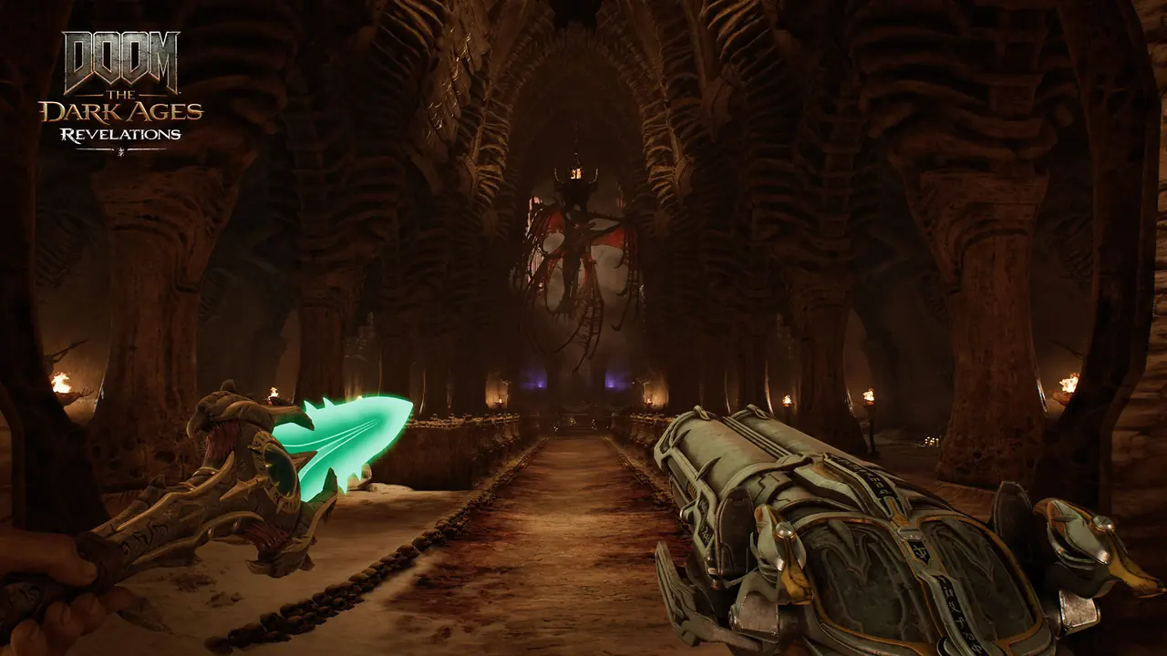 El Doom Slayer usa la Chain Spear en una iglesia de DOOM: The Dark Ages Revelations