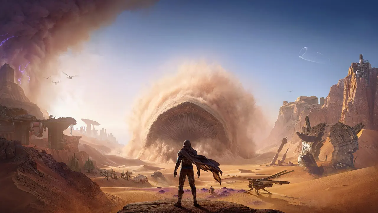 Personaje de Dune Awakening observa Arrakis en la versión para PlayStation 5