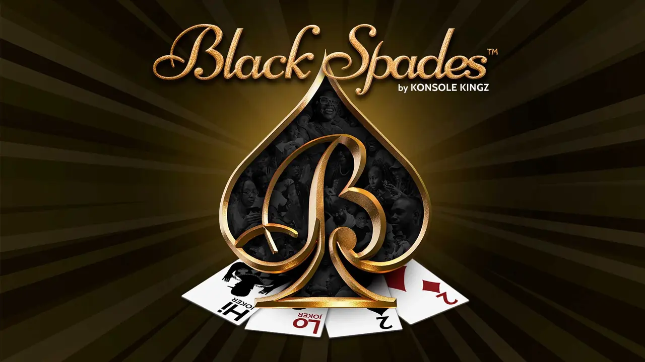 Arte oficial de Black Spades con el logo dorado del juego y cartas de joker y deuce