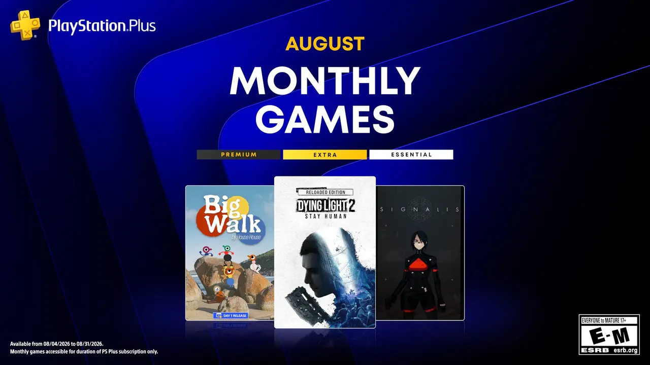 Arte oficial de los juegos mensuales de PlayStation Plus para agosto de 2026
