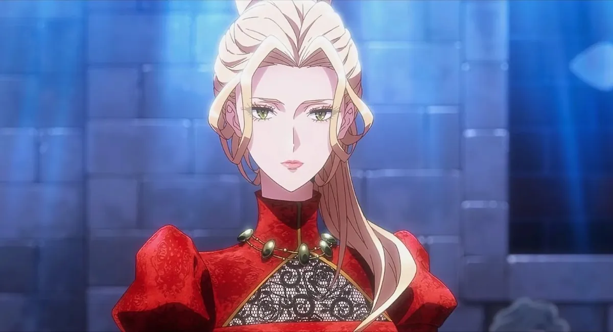 Navier con vestido rojo en el avance promocional del anime The Remarried Empress