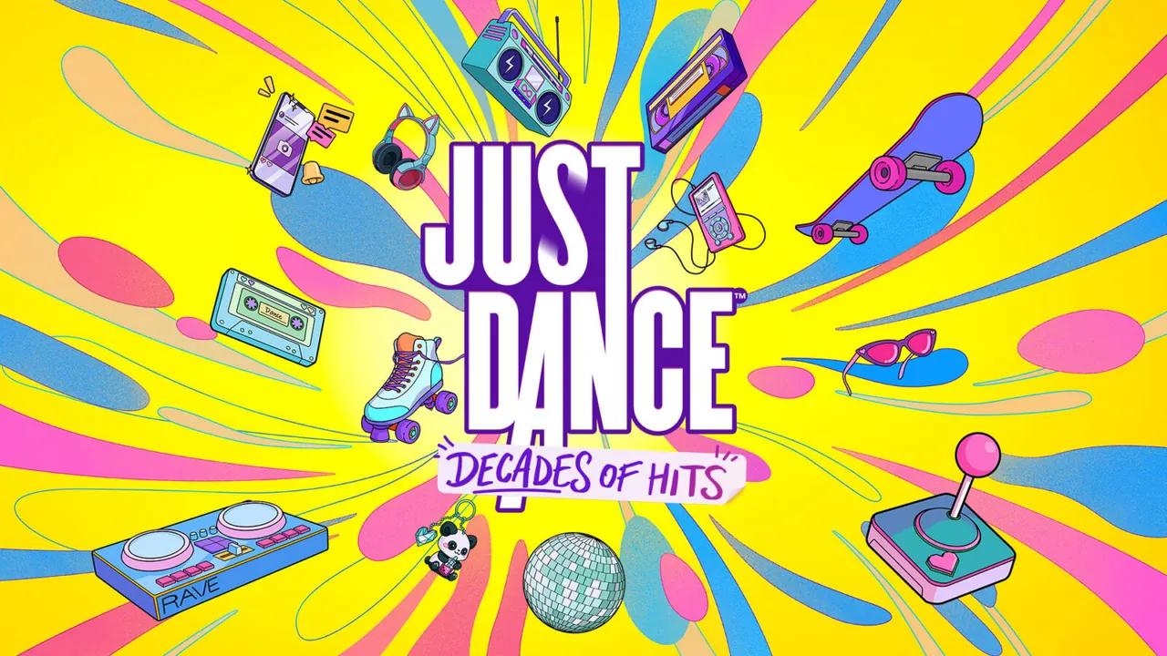 Arte oficial de Just Dance: Decades of Hits con logotipo y accesorios musicales de varias décadas