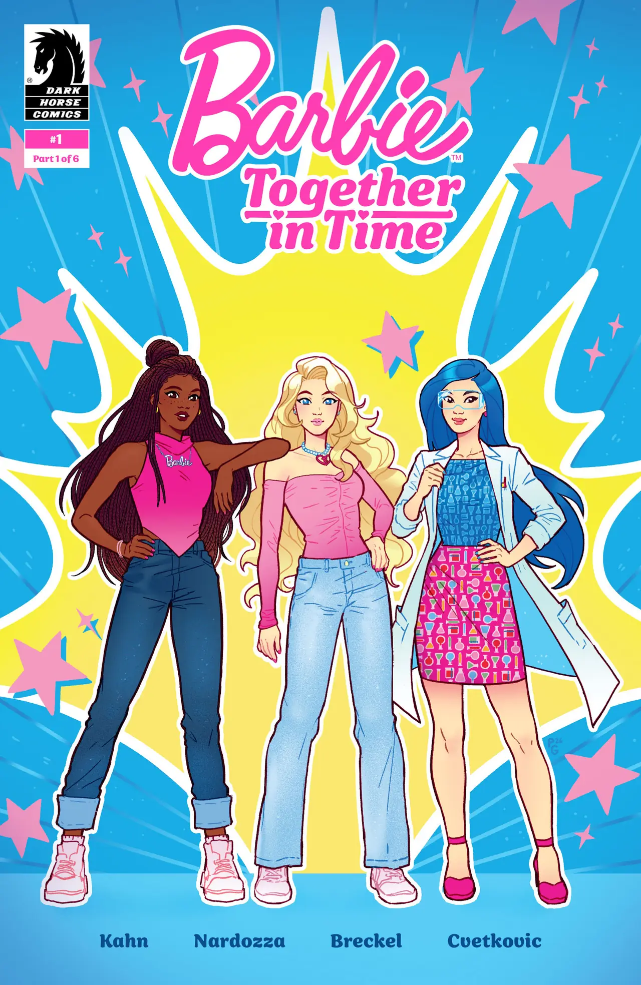Portada alternativa de Barbie Together in Time con tres Barbies y fondo azul con estrellas