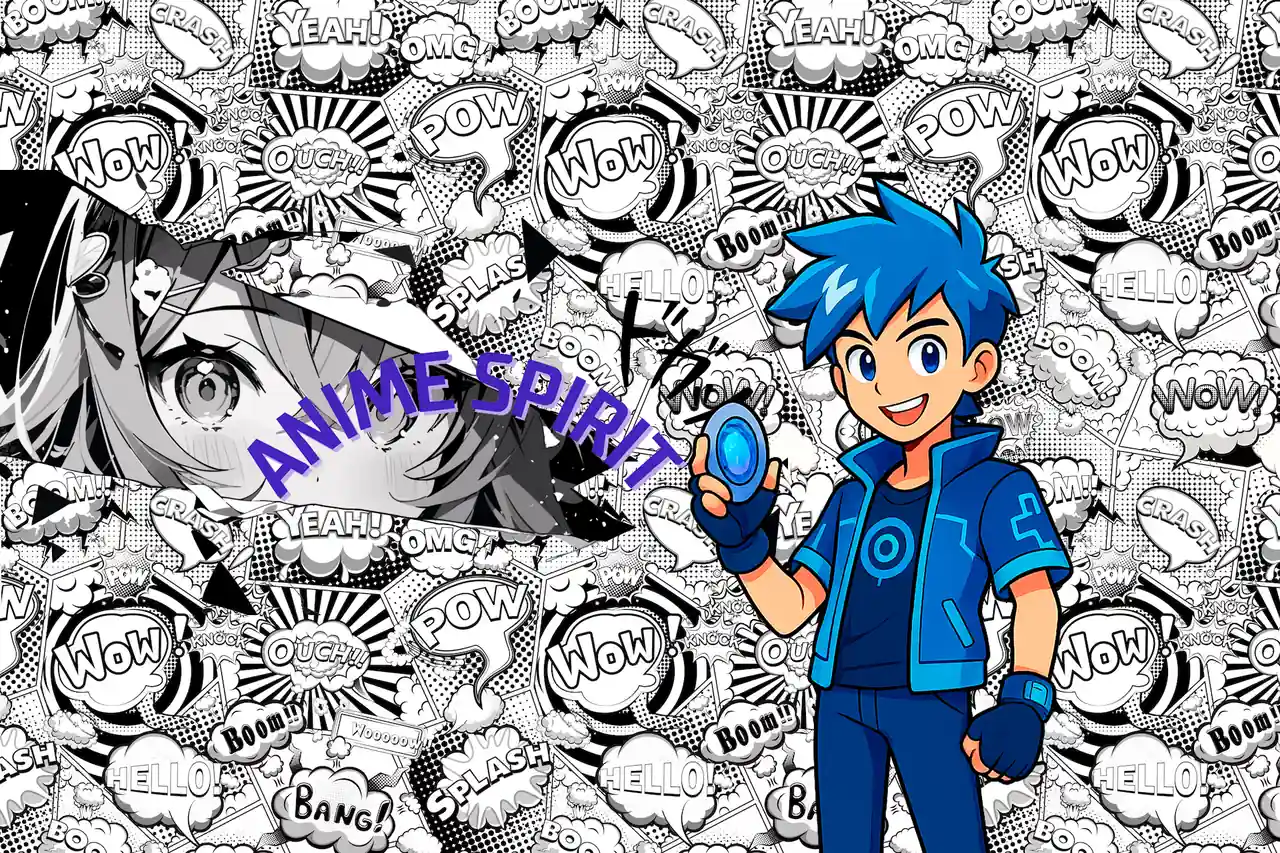Ilustración oficial de Anime Spirit con su personaje de cabello azul y fondo de viñetas