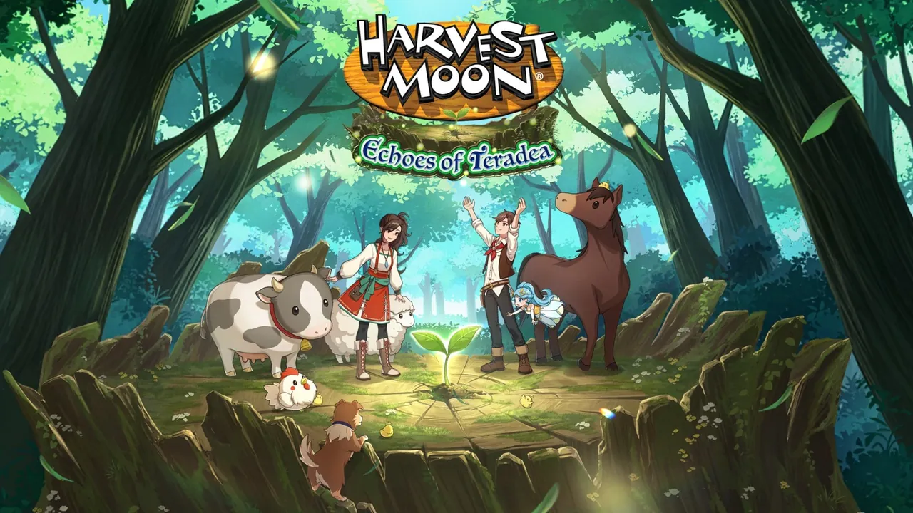 Arte oficial de Harvest Moon Echoes of Teradea con protagonistas, animales y bosque