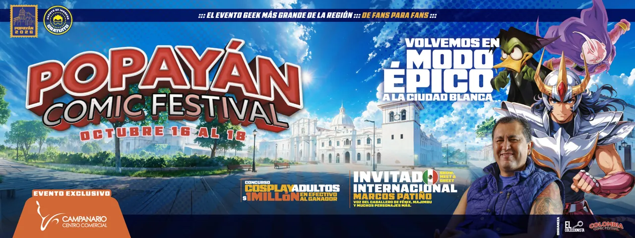 Cartel oficial de Popayán Comic Festival 2026, con las fechas del 16 al 18 de octubre y Marcos Patiño