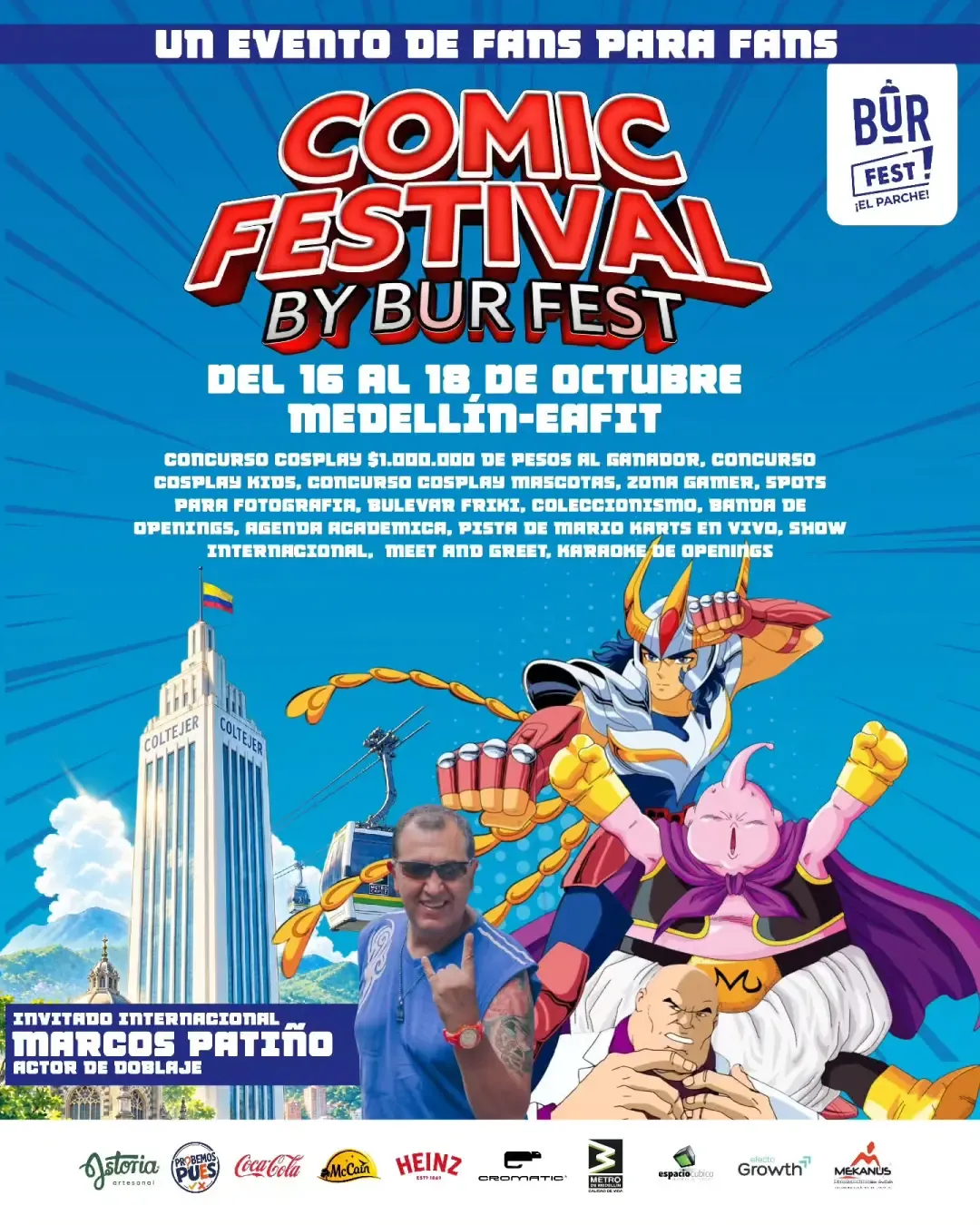Cartel de Comic Festival by Burfest del 16 al 18 de octubre en EAFIT, Medellín, con Marcos Patiño