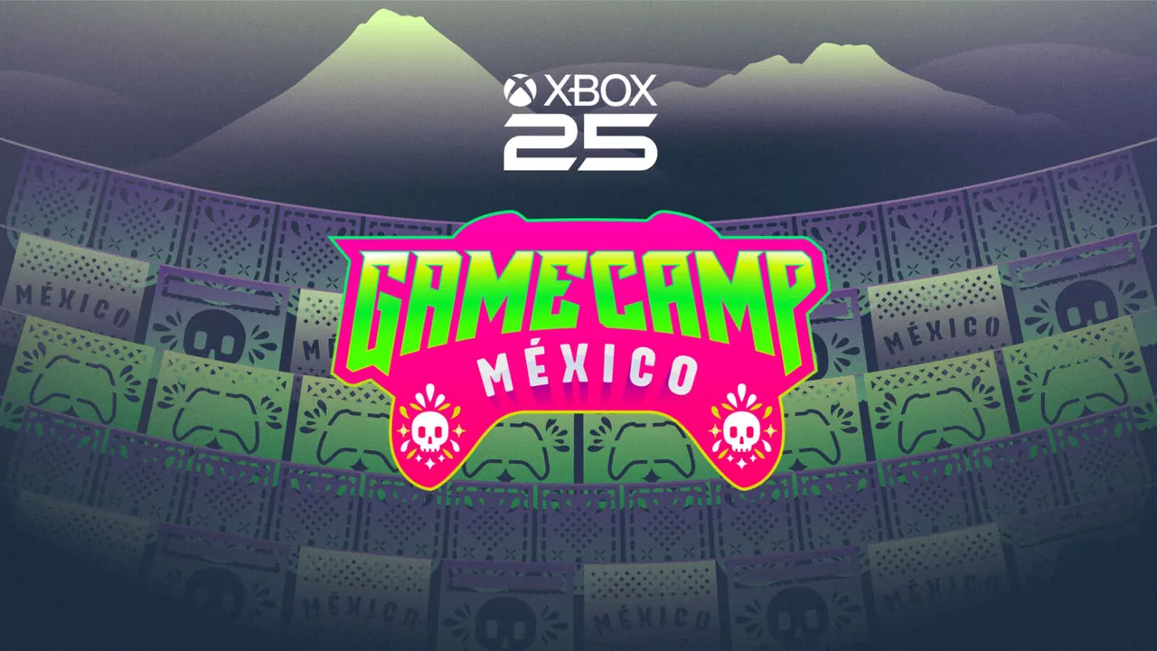 Imagen oficial de Game Camp México con el logotipo del aniversario 25 de Xbox y papel picado.