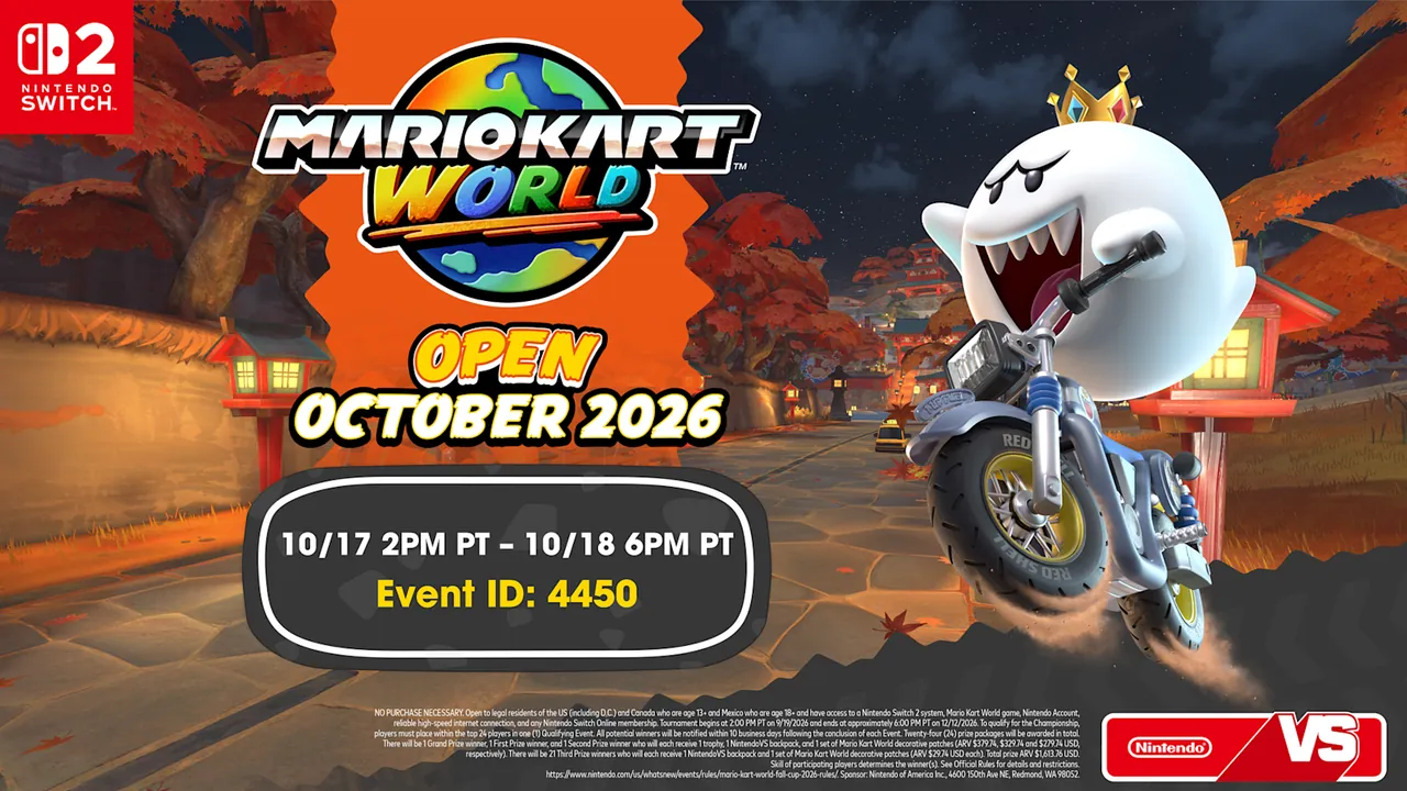 Banner oficial de Mario Kart World Open de octubre de 2026 con Rey Boo y el evento 4450.