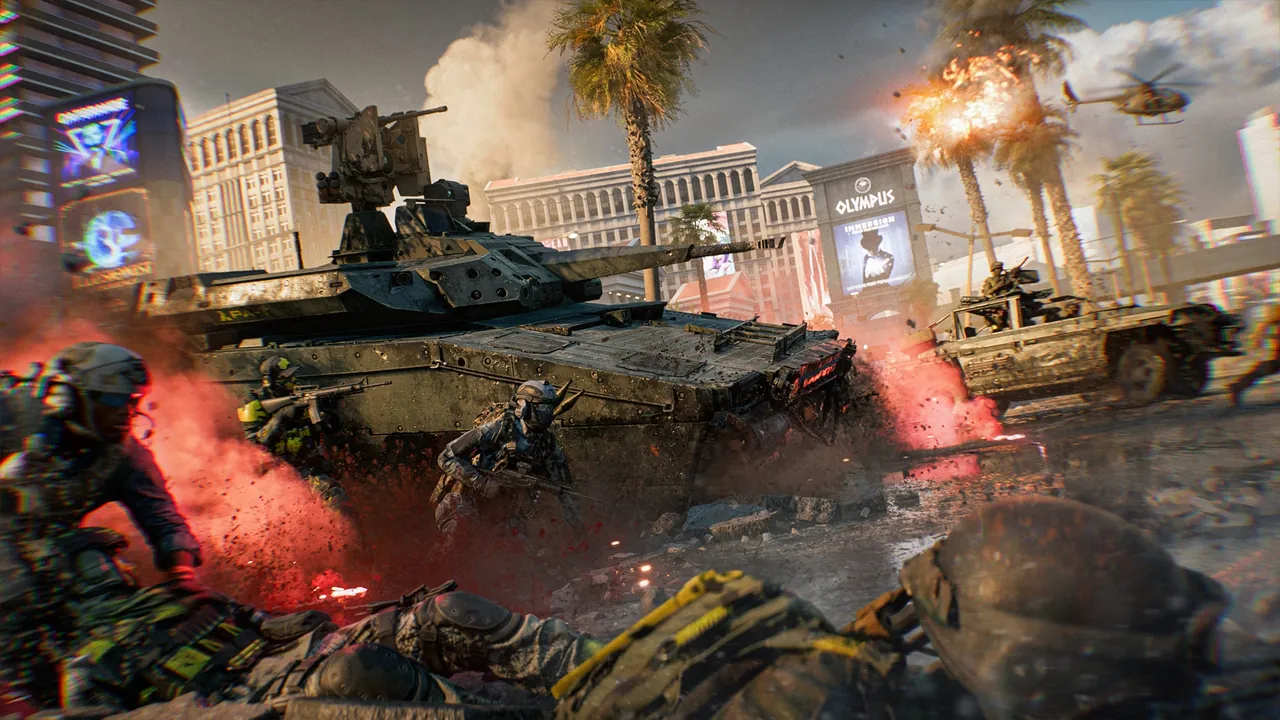 Soldados y un tanque avanzan por Vegas Strip en Battlefield 6