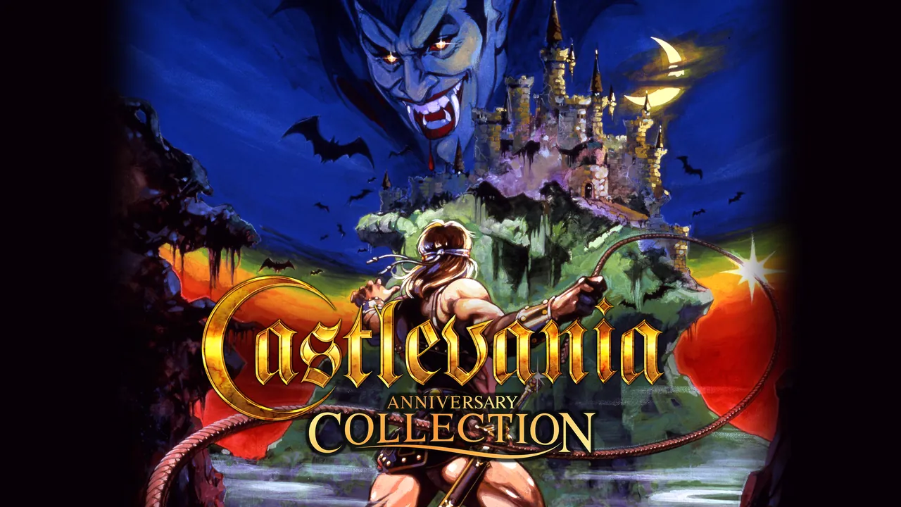 Arte oficial de Castlevania Anniversary Collection con un castillo y Drácula