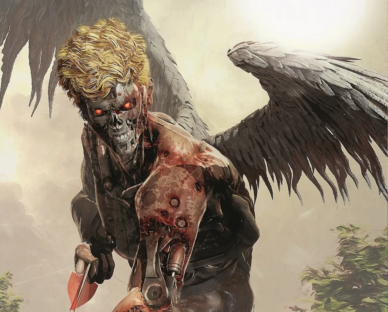 Arte promocional de The Terminator con un androide alado y una flecha, inspirado en Cupido