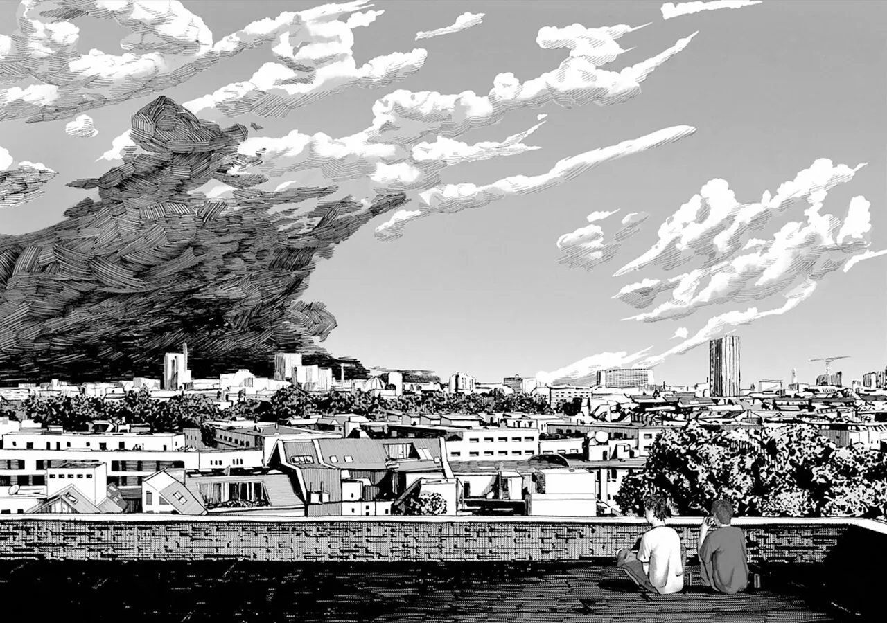 Ilustración de dos amigos contemplando una ciudad y sus nubes en ¡Se acerca una tormenta de verano!