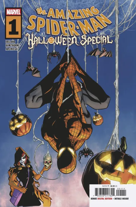 Cubierta de Amazing Spider-Man Halloween Special con Spider-Man colgado entre calabazas, murciélagos y Hallows Eve