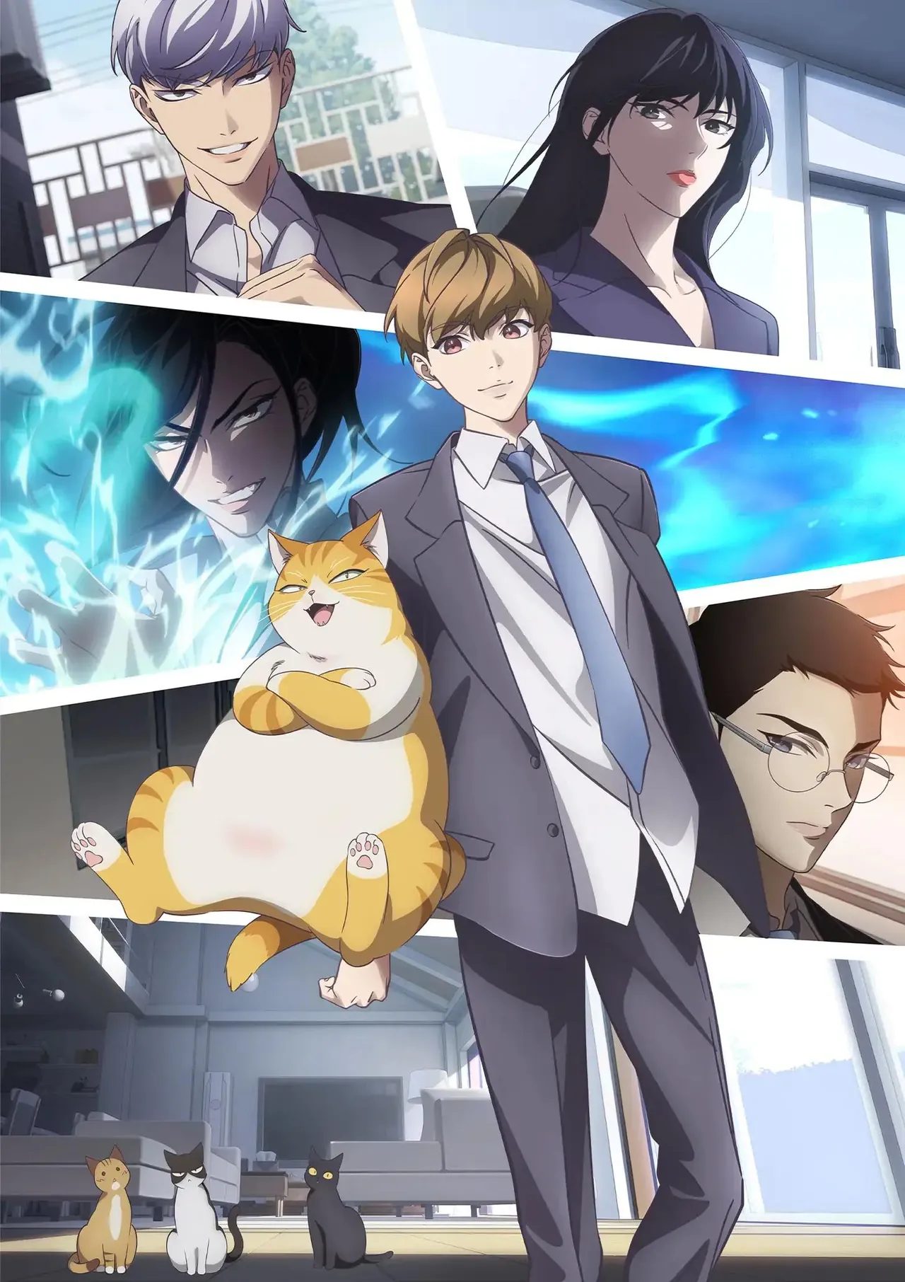 Visual oficial de Eleceed con Jiwoo, Kayden en forma de gato y otros personajes
