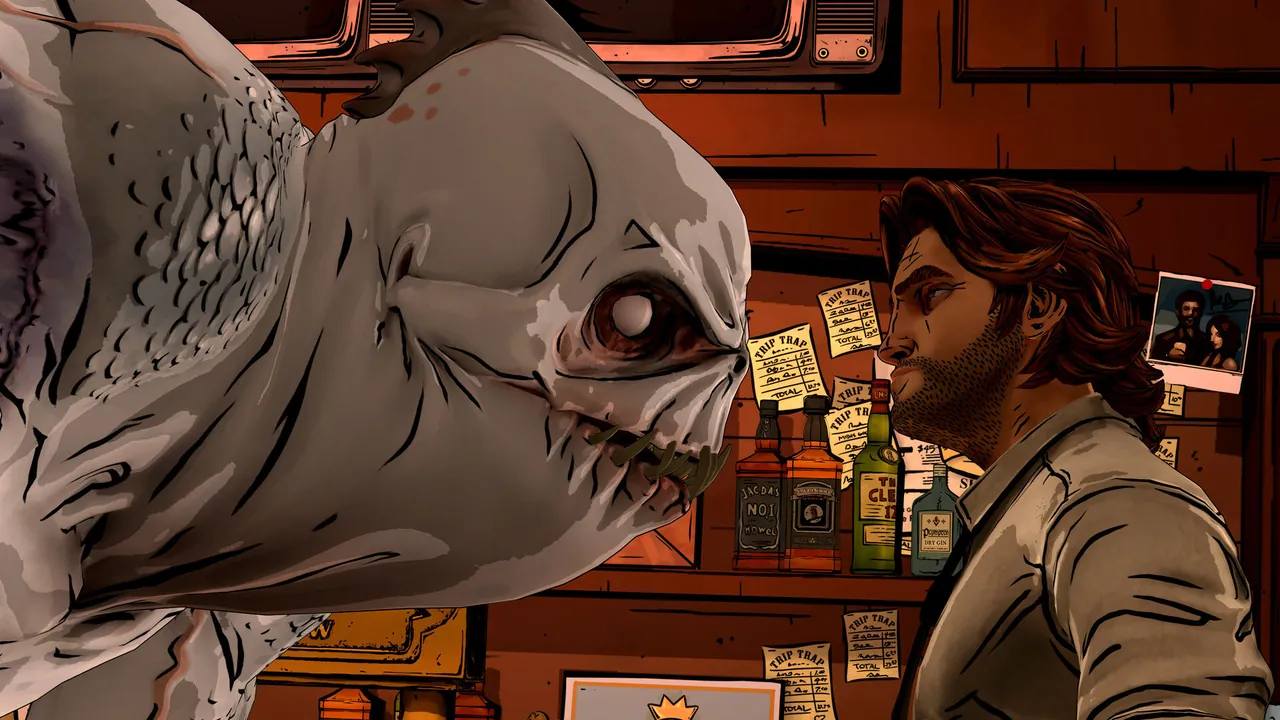 Captura de The Wolf Among Us Remastered con Bigby y un personaje de cuento en una tienda