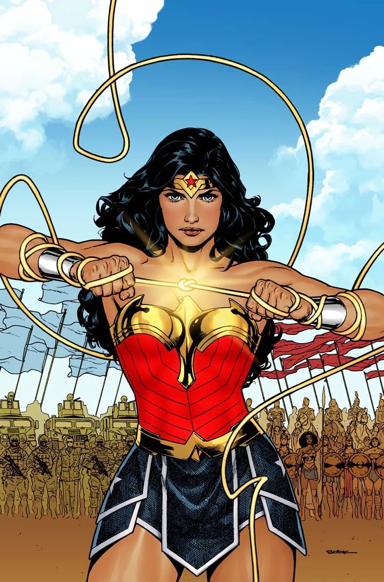 Portada de Wonder Woman número41 con Diana sosteniendo su lazo ante un ejército de amazonas