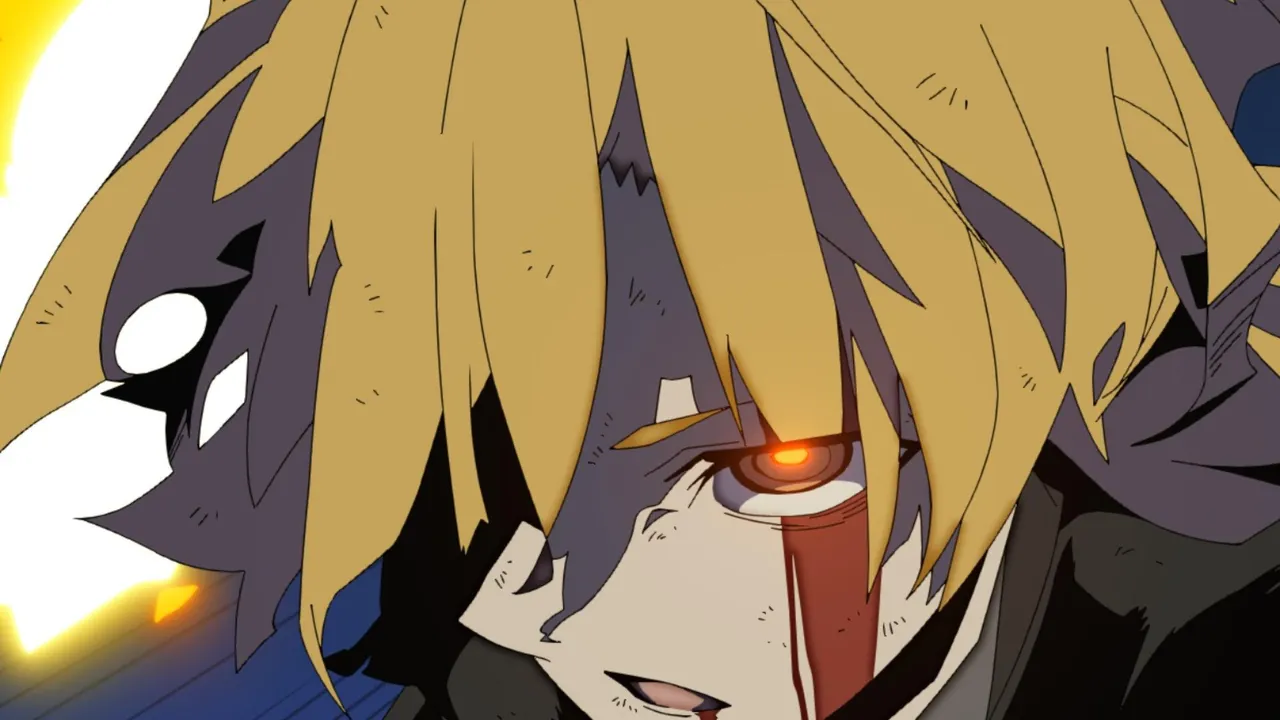 Fotograma promocional oficial de Gyakusatsu Kigen con un personaje de ojo luminoso