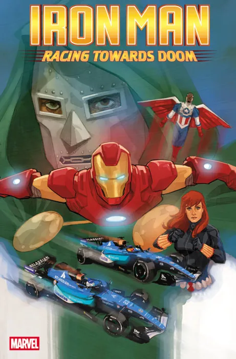 Portada de Iron Man Racing Towards Doom con Tony Stark, Doctor Doom, Black Widow y dos coches Williams de Fórmula1