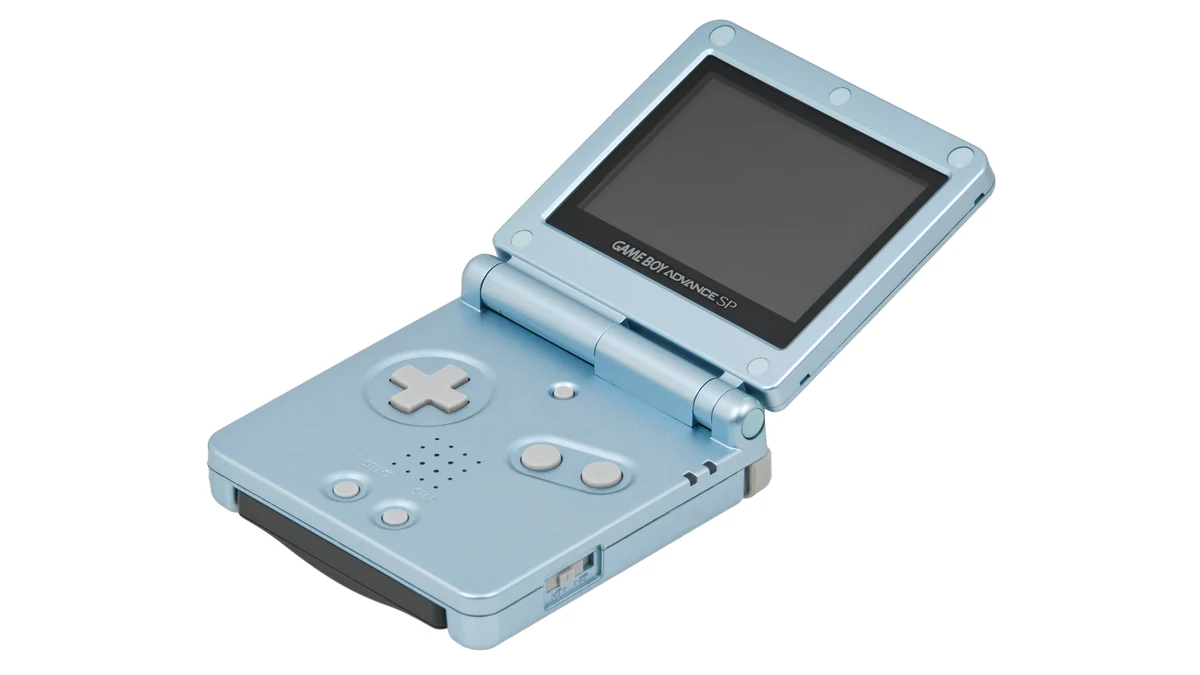 Foto de archivo de una consola Game Boy Advance SP azul, con pantalla apagada